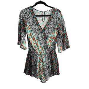 Michael Stars Size S Resort Aztec Floral Bohemian Festival Kimono Sleeve Romper